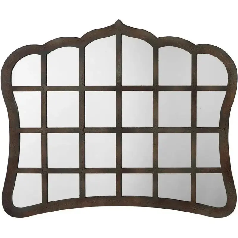 Antique Grey Wooden Wall Mirror With Window-Grid Frame 1