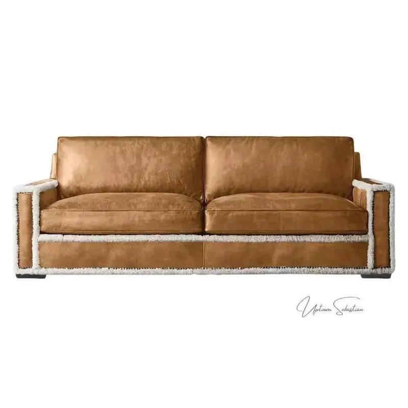 Austin Brown Leather Sofa With Sheared Trim – Benchmade Quality 1