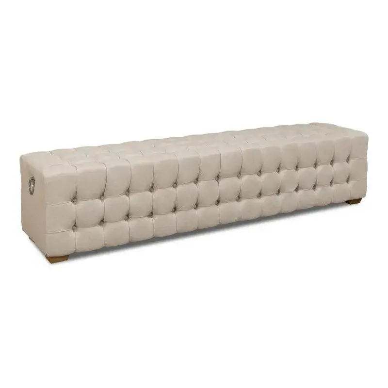 Bedroom Beam Bench In Tufted Beige Linen Upholstery 1