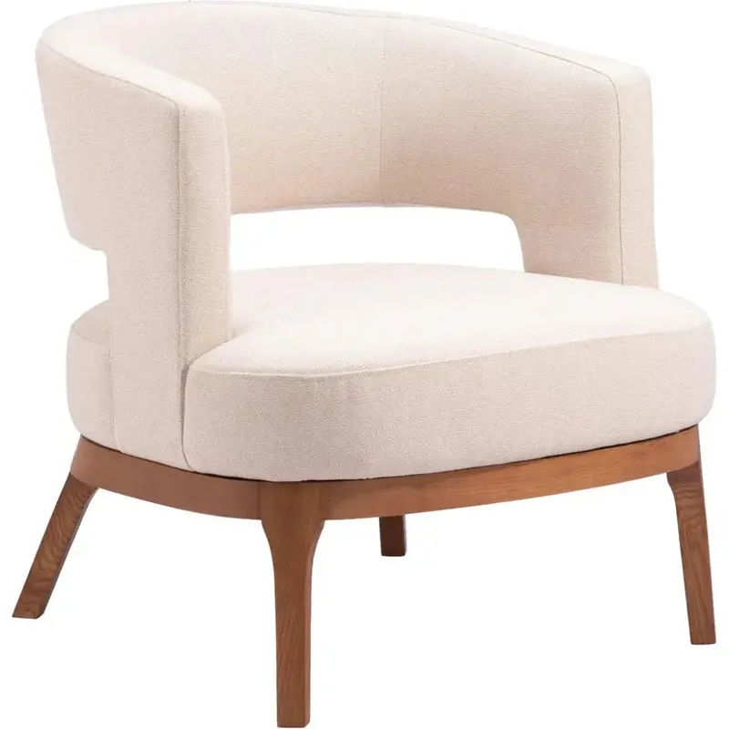 Beige Accent Chair With Curved Arms And Solid Wood Legs 1