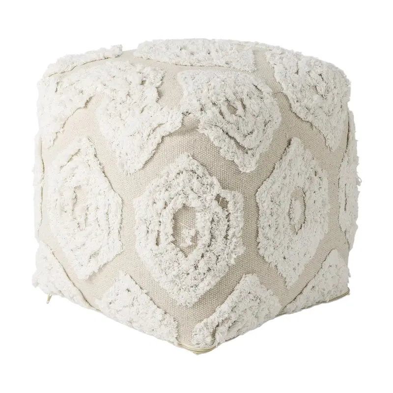 Beige Patterned Cotton Pouf With Geometric Weave 1