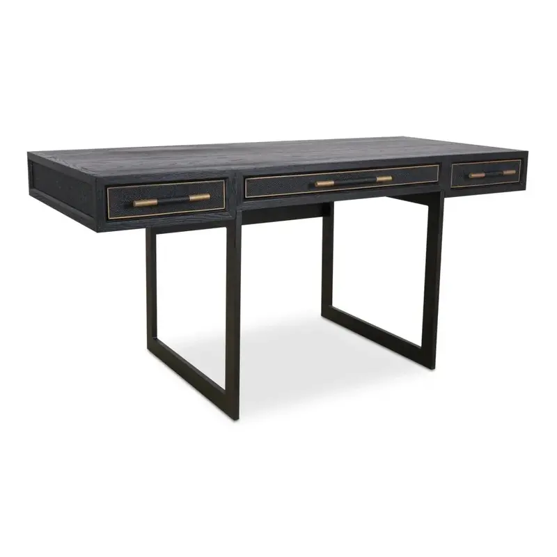 Black Solid Oak Desk Featuring Vegan Leather Accents 1