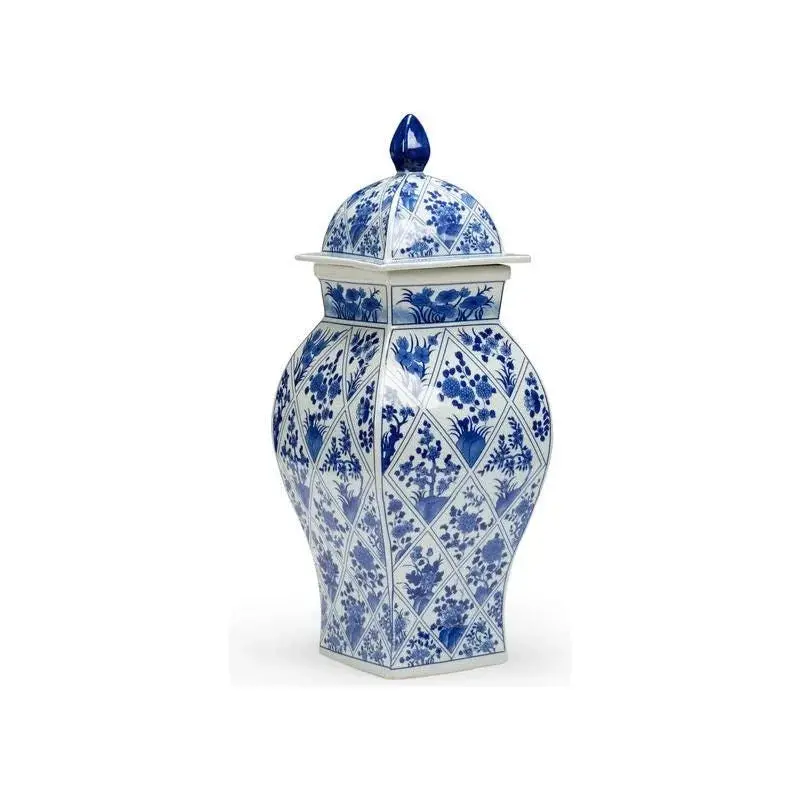 Blue-And-White Decorated Covered Ceramic Vase 1