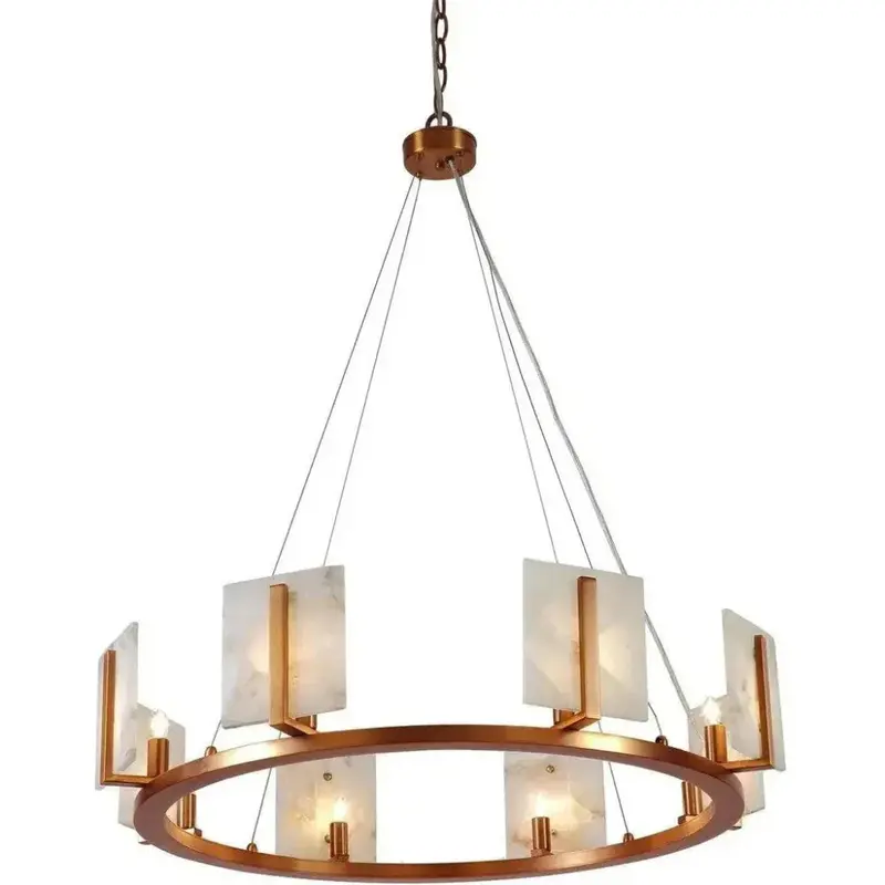 Brass-Framed Alabaster Halo Chandelier With Soft Glow 1
