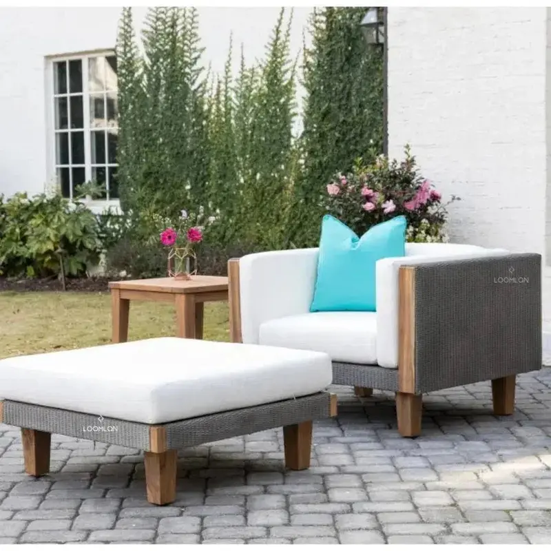Catalina Wicker Lounge Chair, Ottoman, And Teak Accent Table Set 1