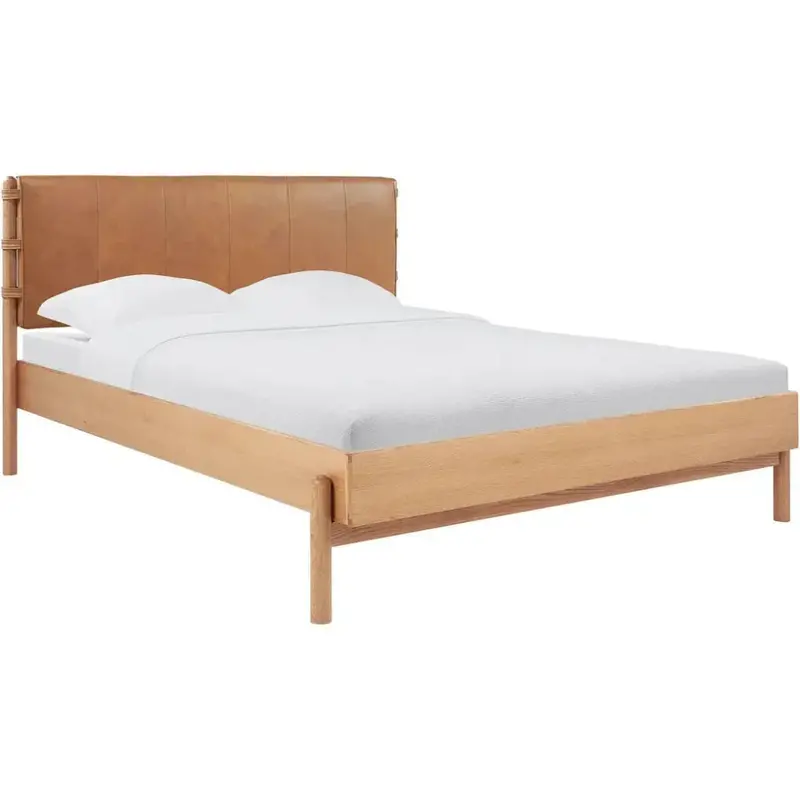 Colby Camel Leather & Wood King Bed – Mixed-Material Design 1