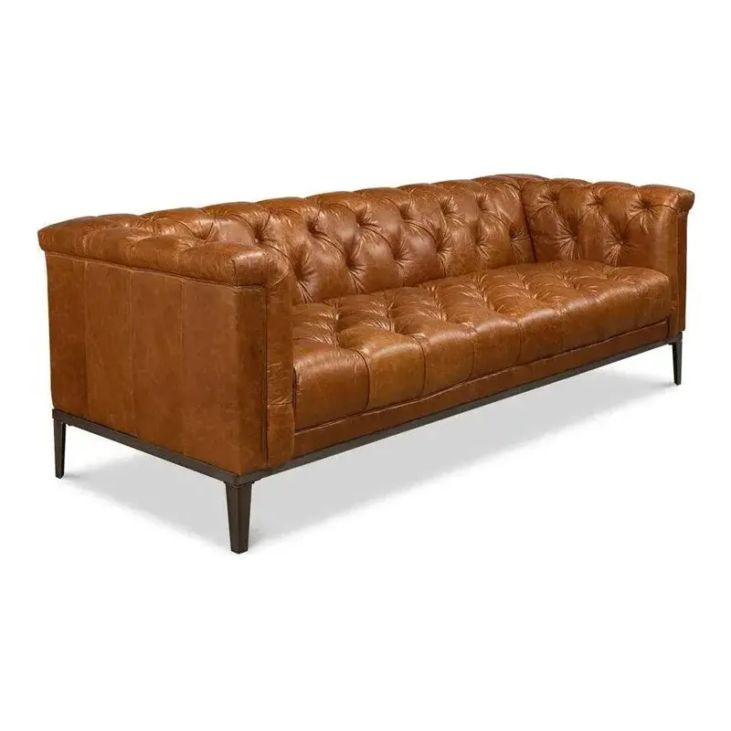 Cuba Brown Leather Chesterfield-Style Bench Sofa 1