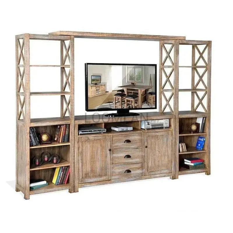 Farmhouse-Style Entertainment Wall Unit With Media Console And Shelving 1