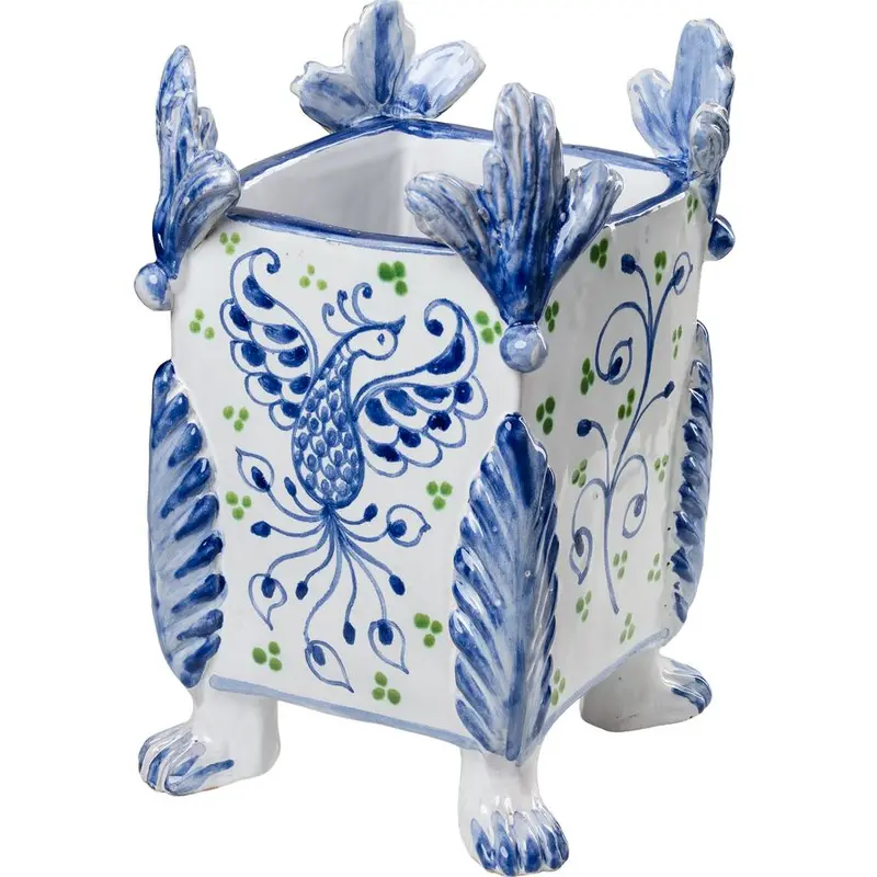 Garden Party Cachepot In White Ceramic With Blue Phoenix Motif 1