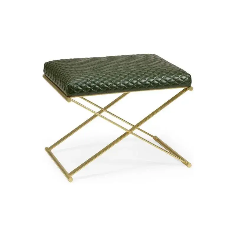 Garrett X-Frame Stool Wrapped In Rich Green Leather And Polished Metal 1