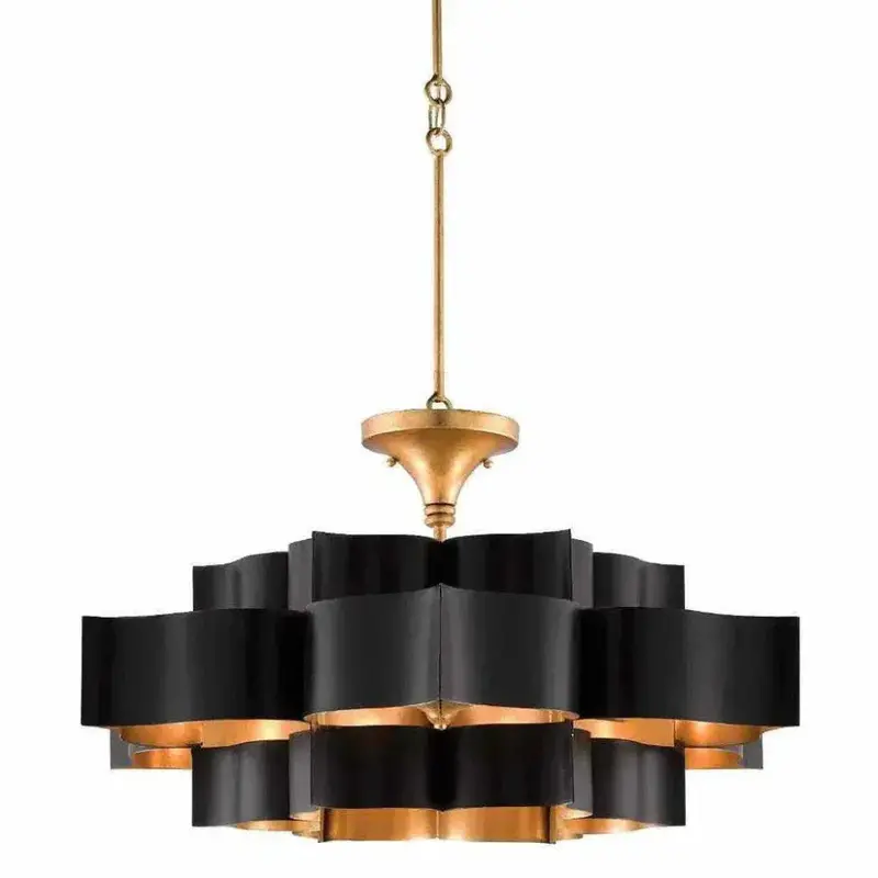 Grand Lotus Black Chandelier With Gold Leaf Details 1
