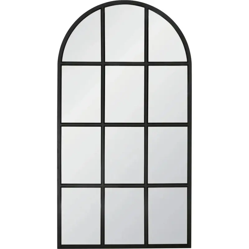 Grid Arched Floor Mirror With Vertical Wooden Frame 1