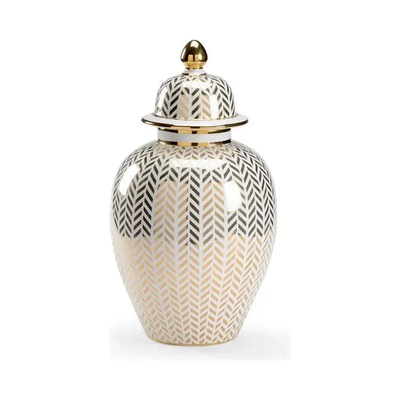 Herringbone Textured Covered Ceramic Urn 1