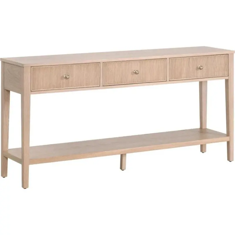 Highland Sofa Table – Three-Drawer Wood Console With Open Shelving 1