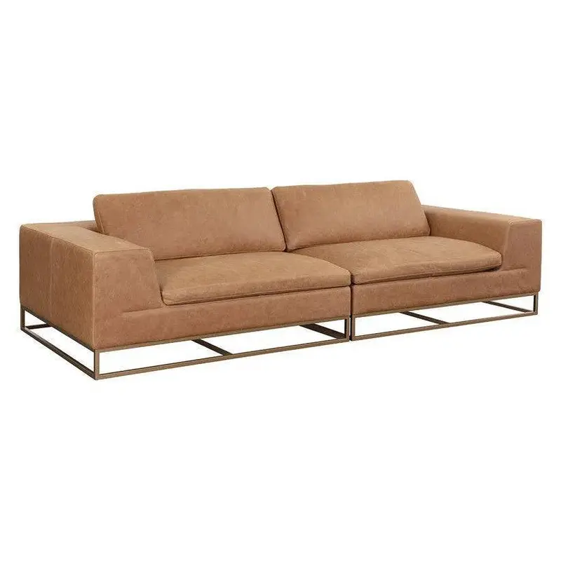 Ira Sofa – Camel Full-Grain Leather With Sculptural Gold-Metal Base 1