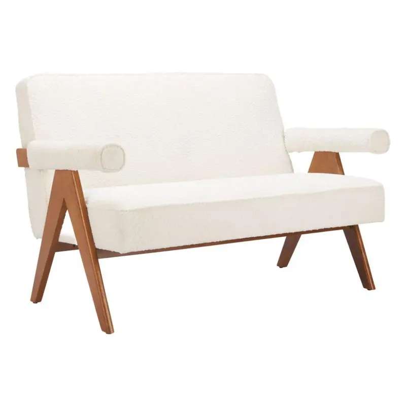 Ivory Textured Fabric Loveseat With Soft Curved Silhouette And Compact Profile 1