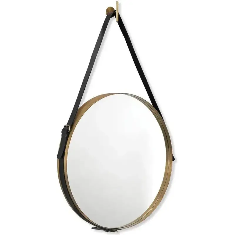 Large Round Gold-Tone Mirror With Leather Strap 1