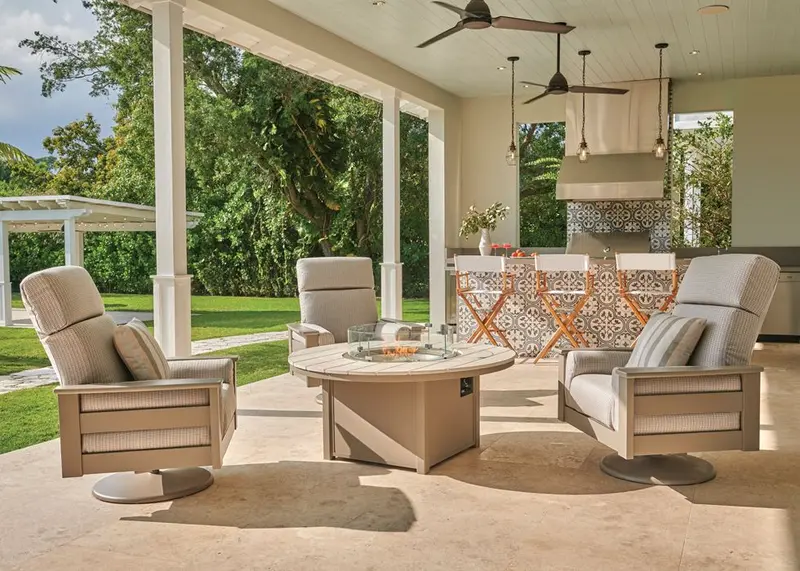 Leeward Swivel Rocker Chairs With Fire Table – 4-Piece Outdoor Set 1