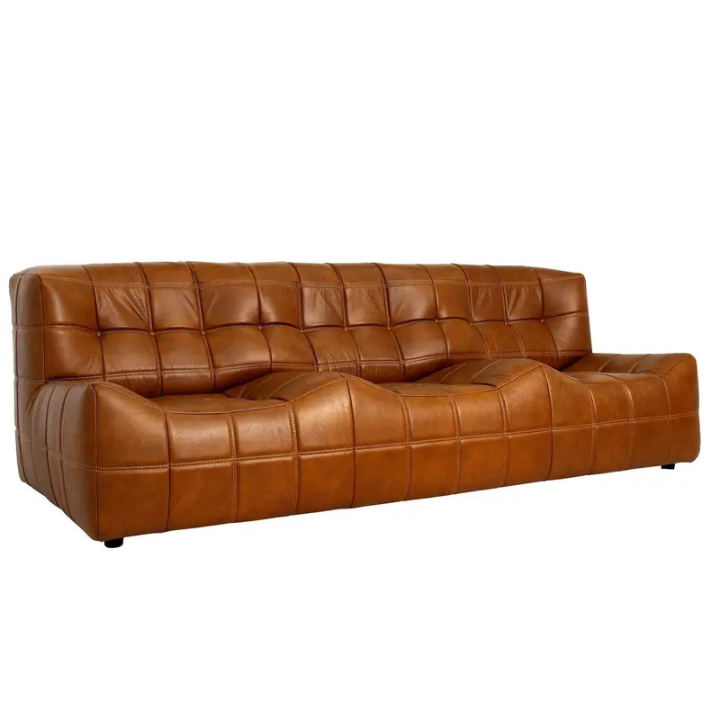 Linear Leather Sofa – Three-Seat Rich Brown Contemporary Design 1