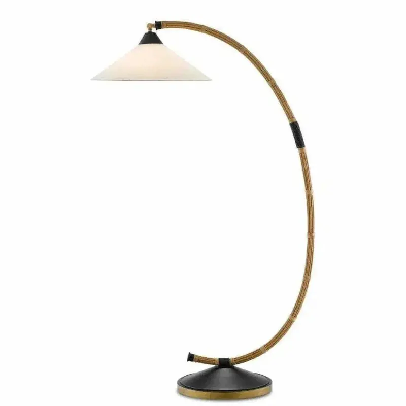 Lisbon Natural Rattan, New Brass, And Satin Black Floor Lamp 1
