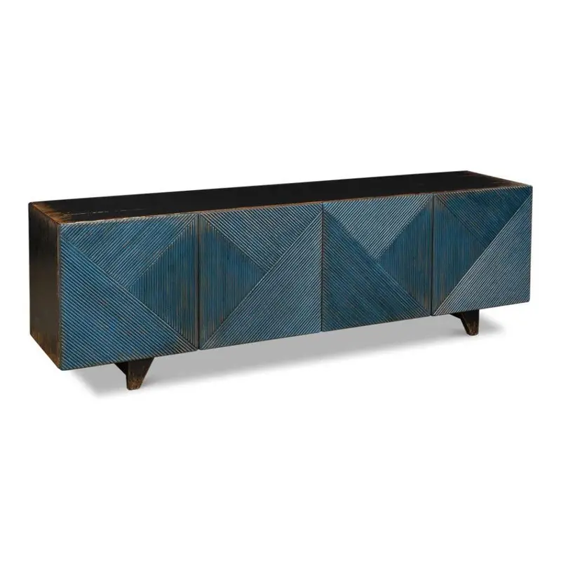 Low-Profile Blue Reclaimed Wood Tv Console – Compact Wall-Mounted Stand 1