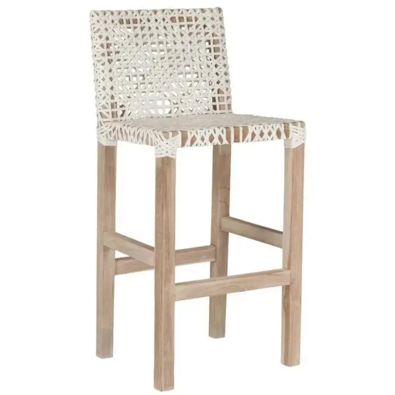 Lulua Teak Wood Counter Stool With White Leather Seat 1