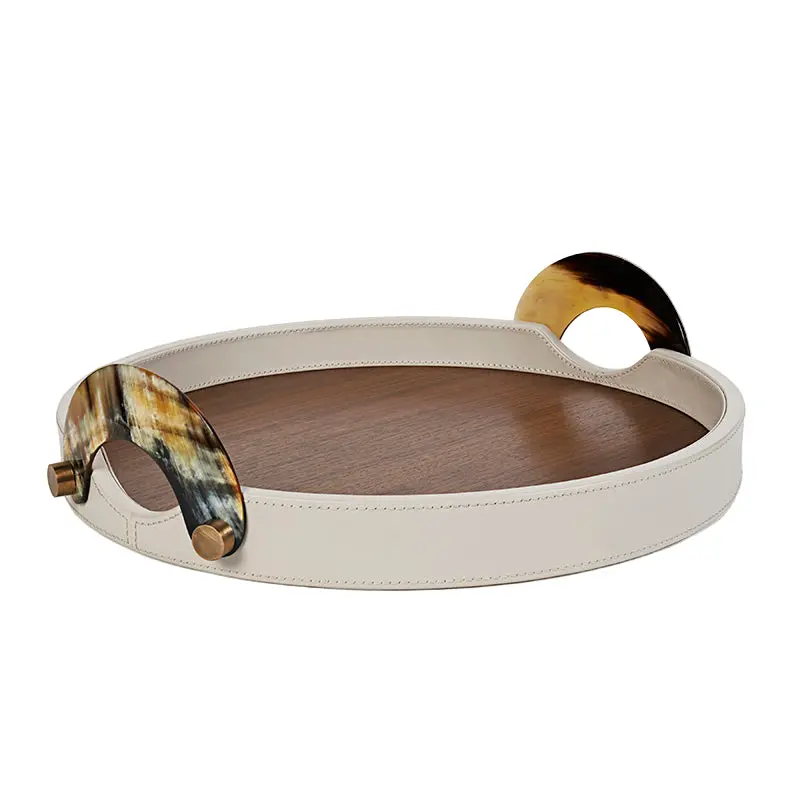 Maeve Round Serving Tray – Soft Camel Leather Weave 1