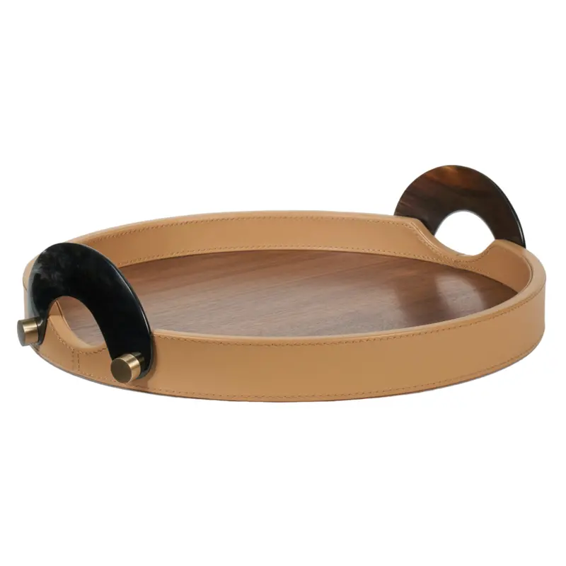 Maeve Round Tray With Camel Leather Warp Detailing 1