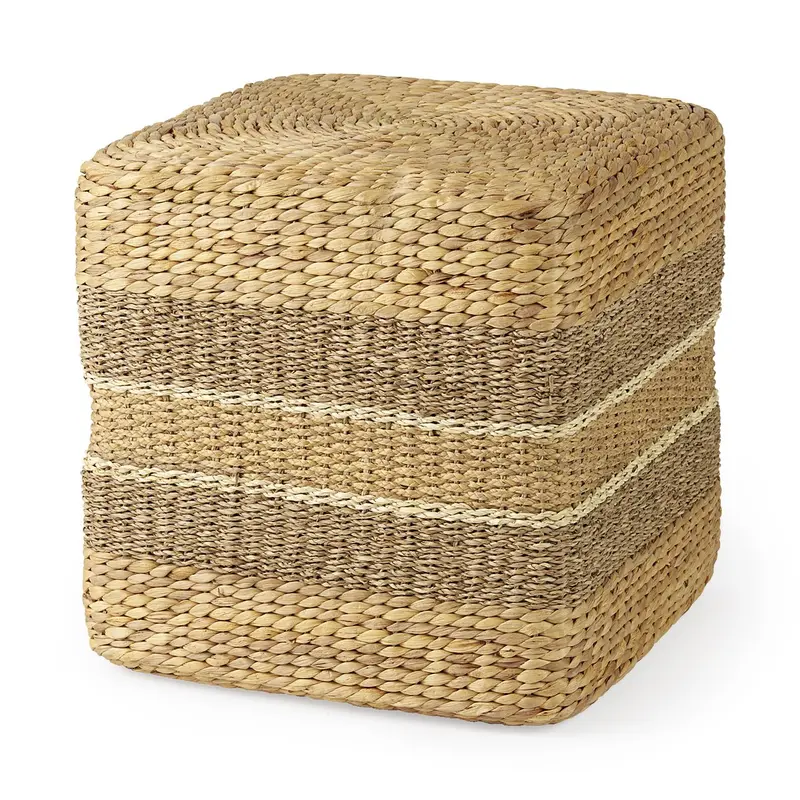 Maya Striped Brown Seagrass Square Floor Pouf 1