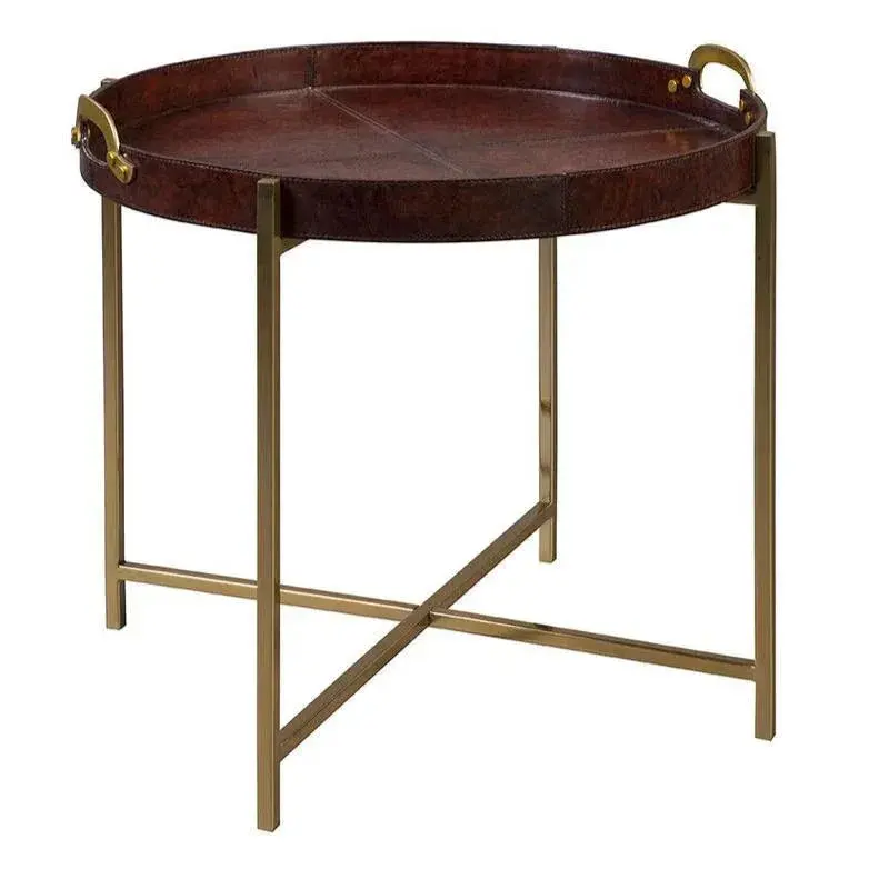 Murphy Round Tray Table With Genuine Leather Accent Rim 1
