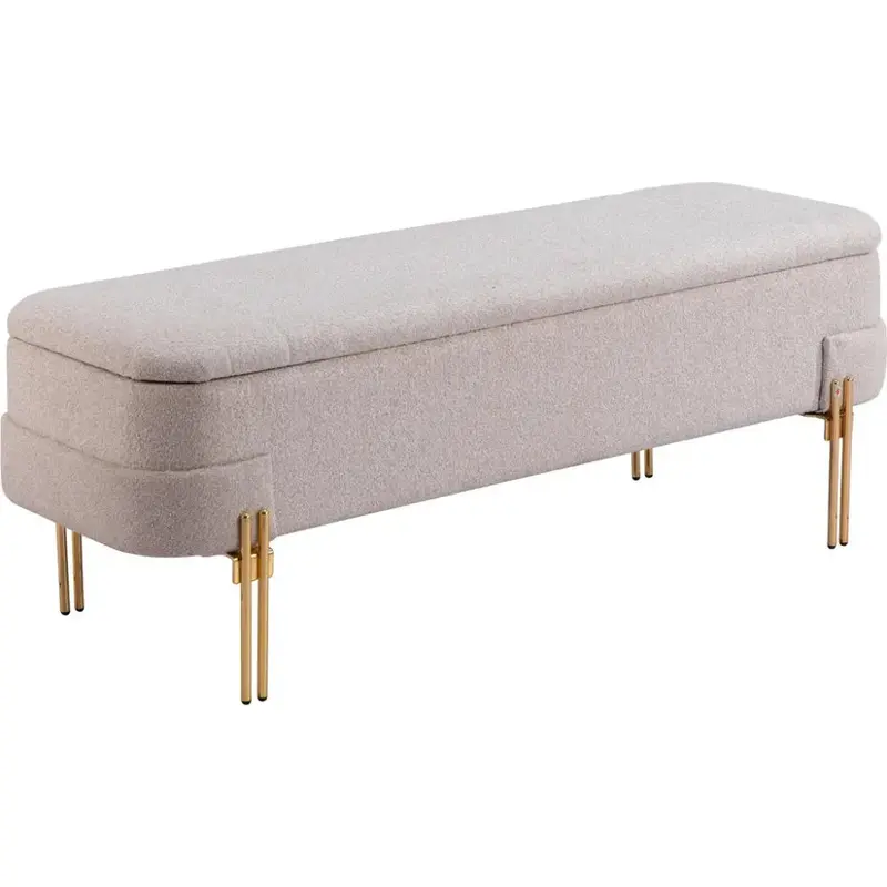 Oatmeal-Toned Storage Bench With Wood Frame And Steel Trim 1