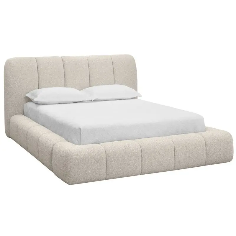 Olena Upholstered Queen Bed In Soft Beige Fabric With Channel Quilting 1