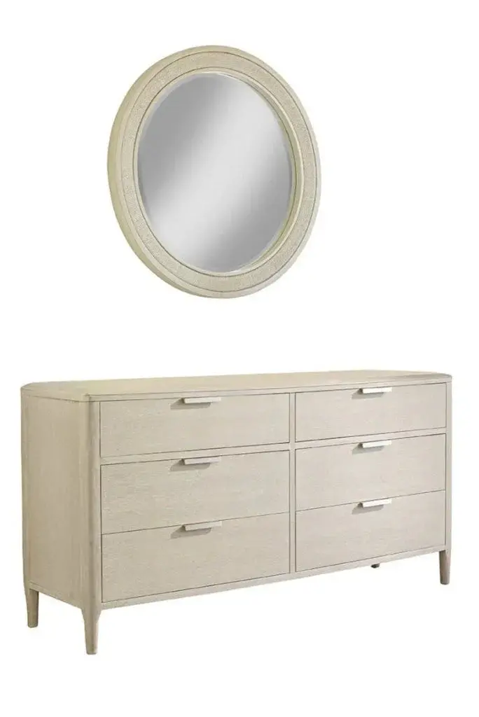 Pearl Six-Drawer Dresser With Woven Round Mirror Set 1