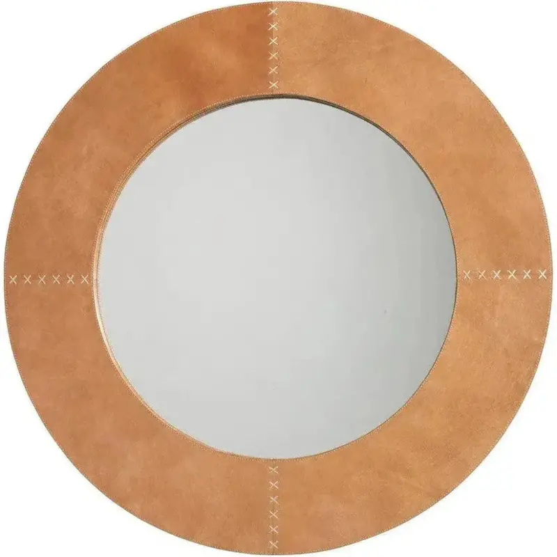 Round Cross-Stitch Wall Mirror – Brown Leather Frame Accent 1