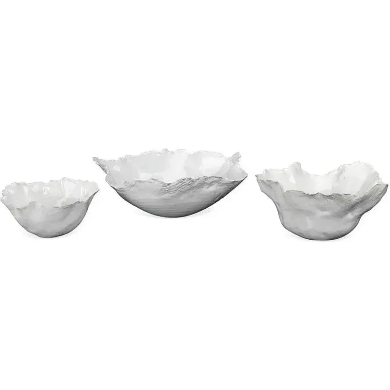 Set Of Three White Ceramic Coastal Bowls With Floral Motif 1