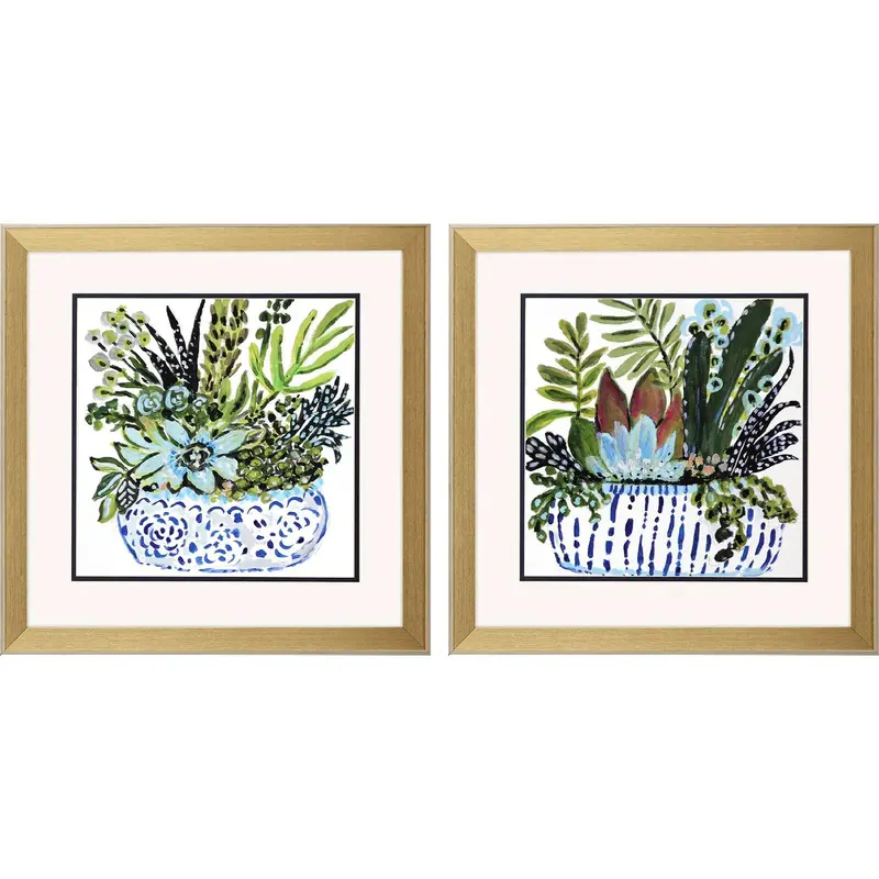 Succulent Garden Print Pair – Blue-Framed Wall Art 1