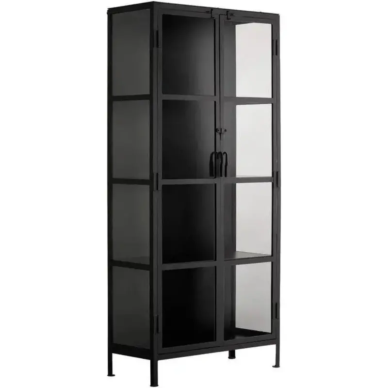 Tall Black Curio Cabinet With Glass Doors And Union-Style Metal Frame 1