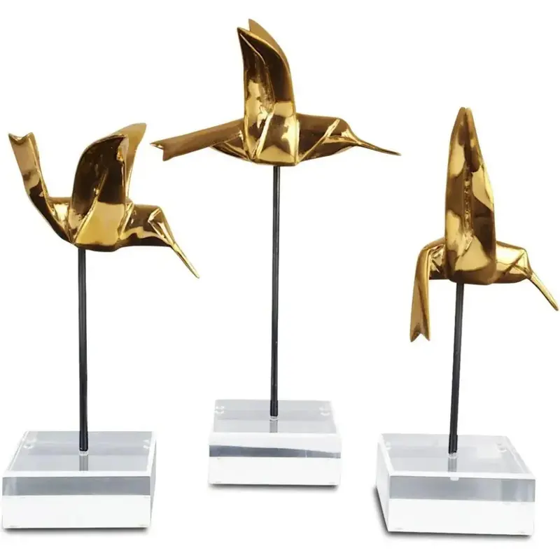 Three-Piece Gold Hummingbird Sculpture – Metal And Acrylic Accents 1