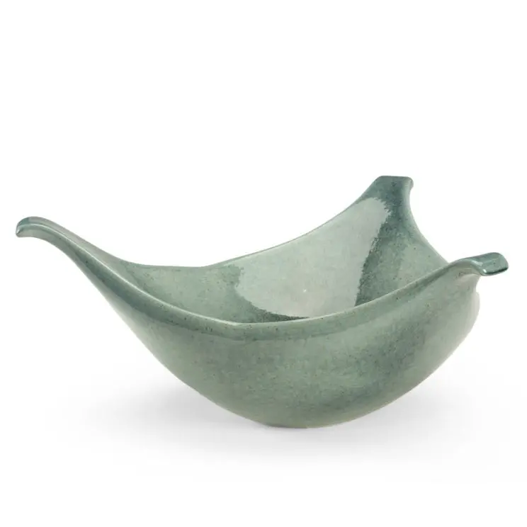 Tri-Handle Green Glazed Ceramic Serving Bowl 1