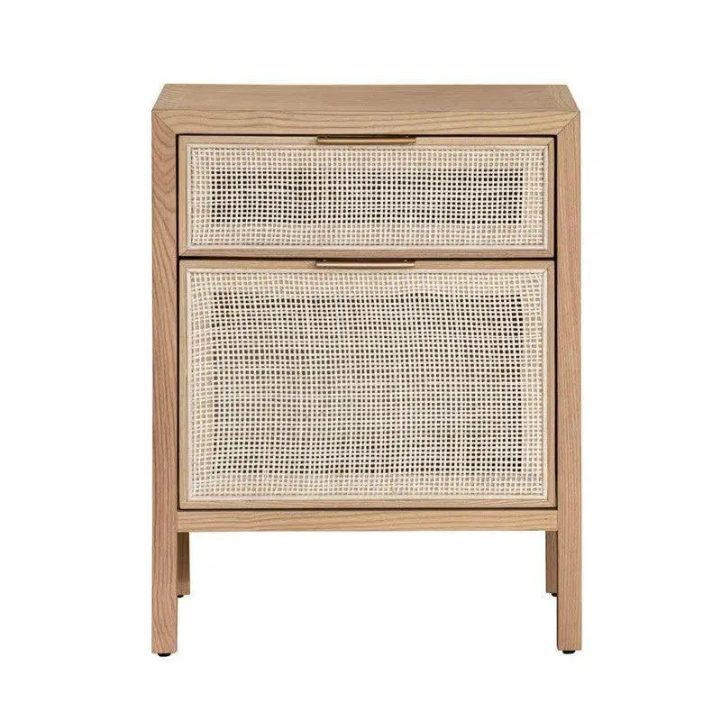 Two-Drawer Accent Cabinet Featuring Woven Rattan Panels And Light Wood Frame 1