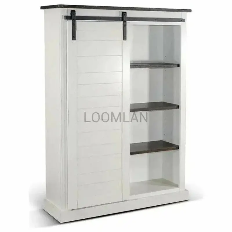 White Barn Door Bookcase – Sliding Doors With Natural Wood Shelves 1