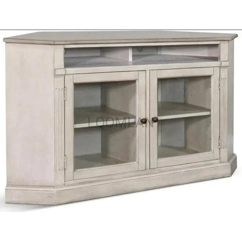 Wide Off-White Corner Tv Stand With Tempered Glass Doors And Media Storage 1