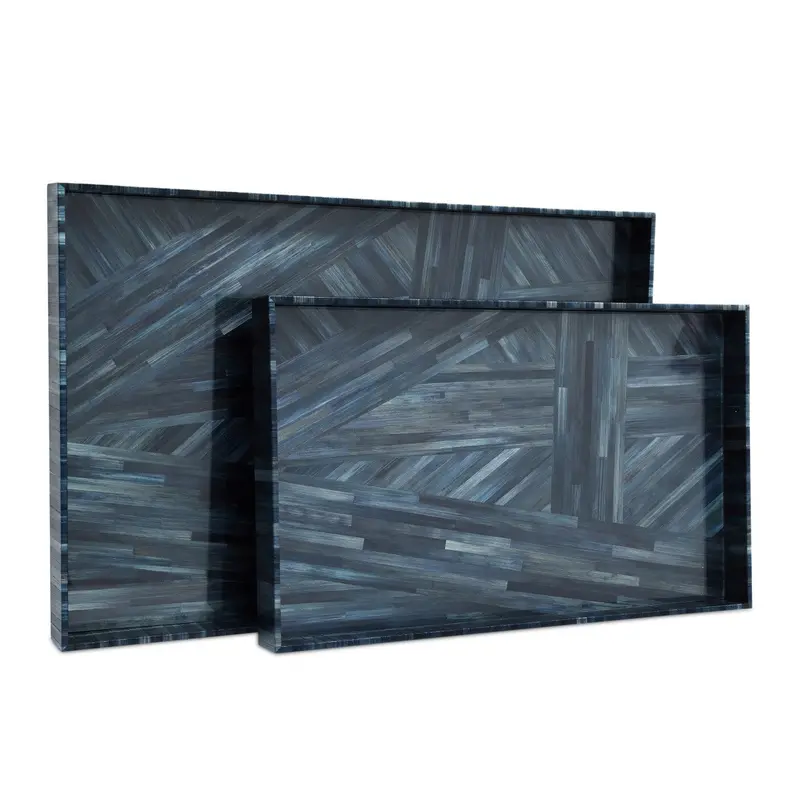 Winter Harvest Decorative Tray Set – Two-Tone Blue Ceramic Pair 1