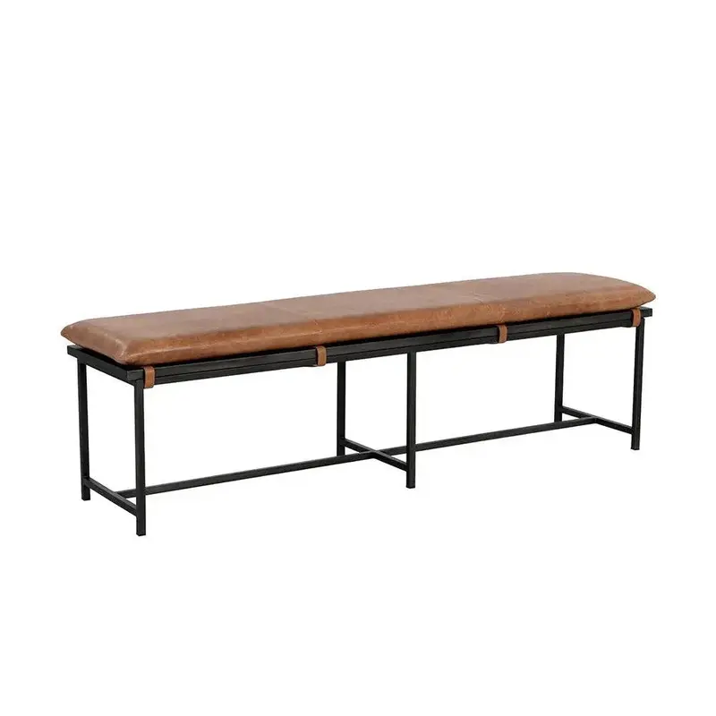 Zancor Upholstered Bench In Tan Leather With Gunmetal Metal Legs 1